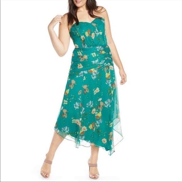 Modcloth Harlyn Green floral strapless midi dress small - Picture 2 of 9